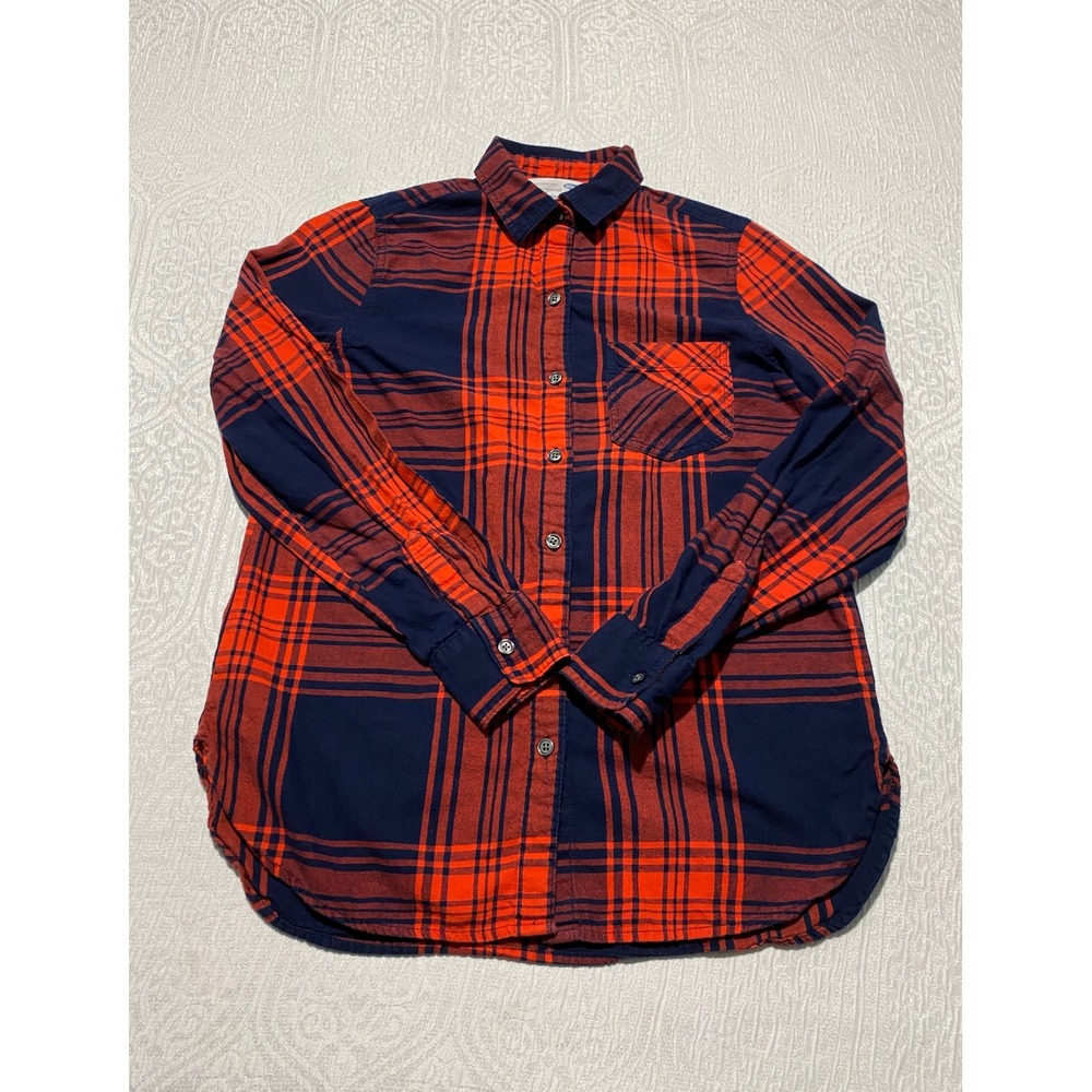 Old Navy The Classic Shirt Womens XS Red Navy Blue Plaid Button Up Long Sleeve